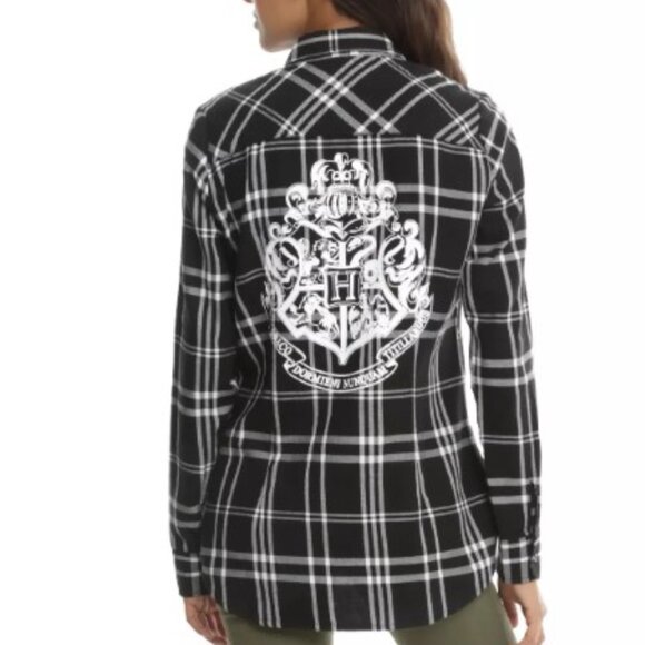 Harry Potter Hogwarts Women's XXL Hot Topic Plaid Button Up Shirt Black White - Picture 1 of 5